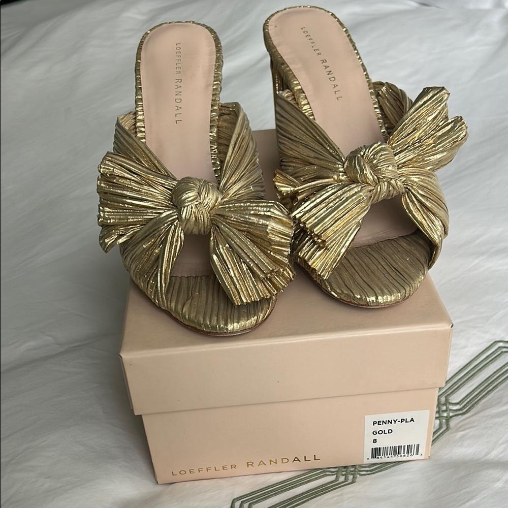 Loeffler Randall Gold Penny Mules with Pleated Bow